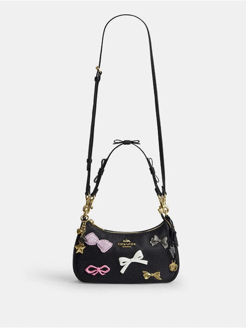 Coach Teri Shoulder Bag Black Pebble Leather Bow Charm Set CDY93 NWT - Picture 14 of 15